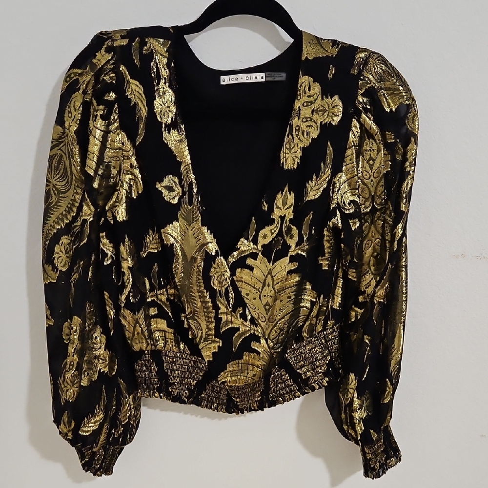 Alice + Olivia Black and Gold Patterned Blouse